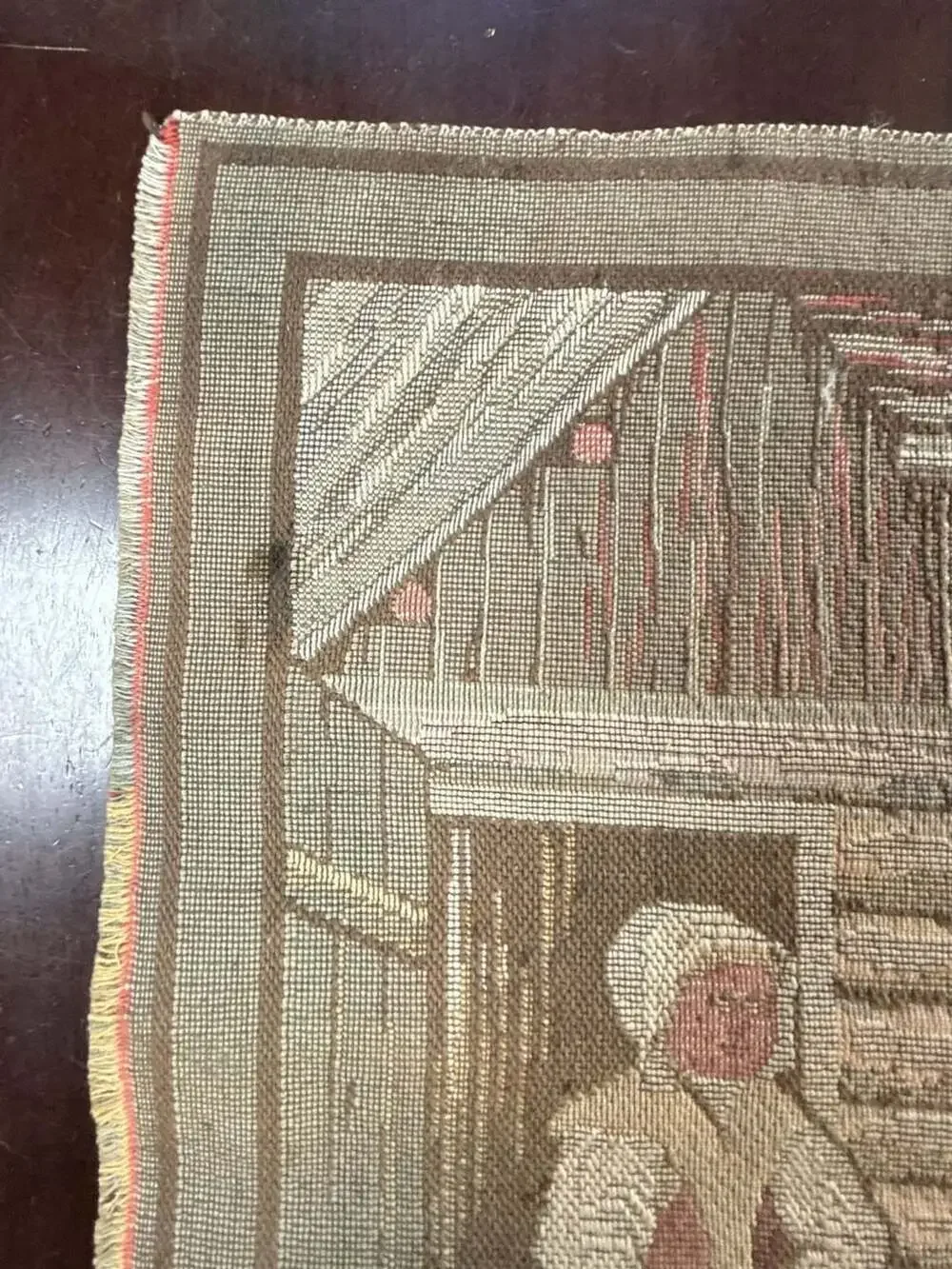 Vintage Gobelin Wall Hanging Tapestry Village Scene with Log Cabin, Dogs